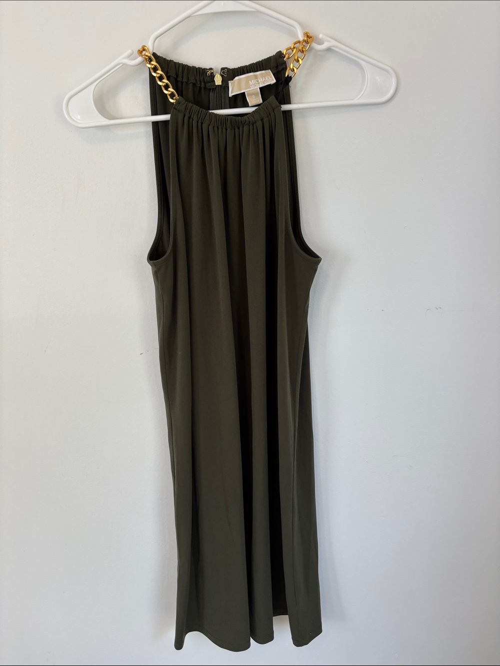 Michael Kors Olive Green Mini Dress with Gold Chain Straps